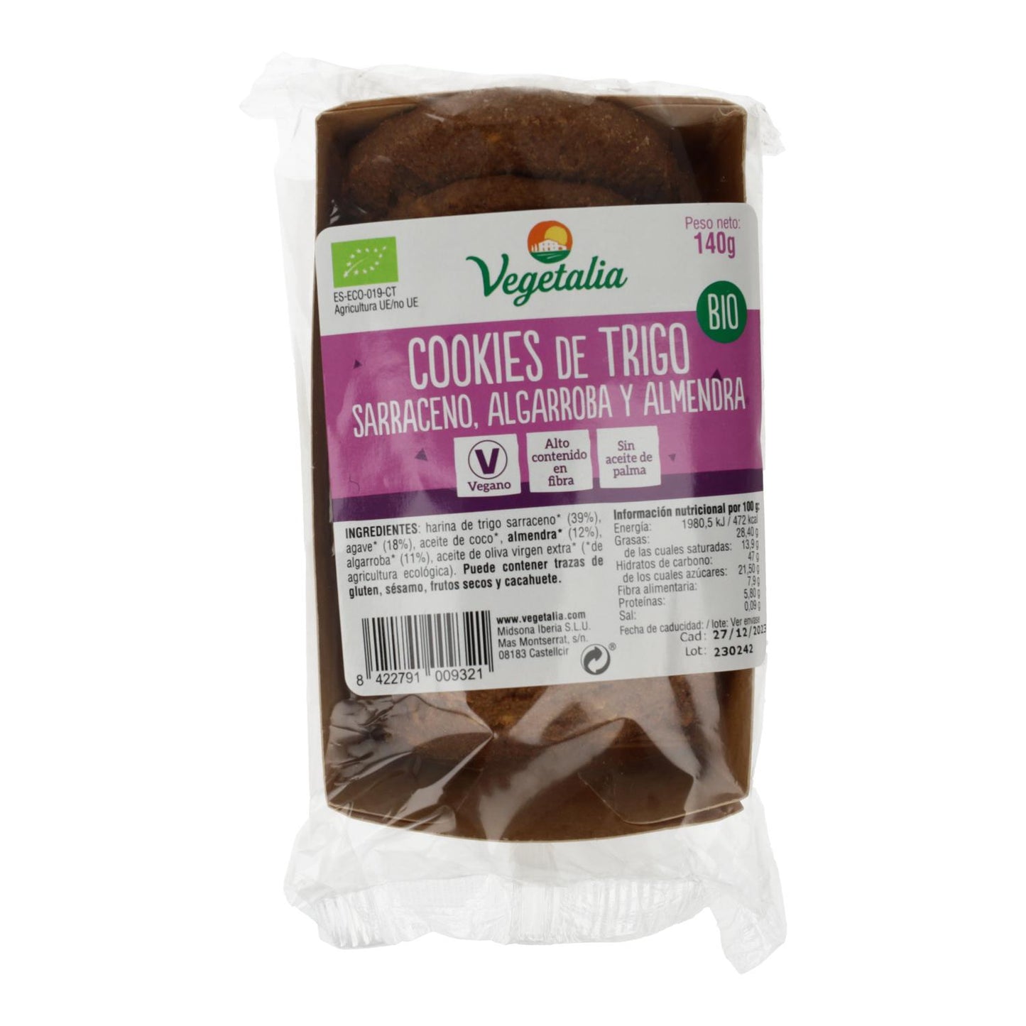 Galletas Cookies de Trigo Sarraceno, Algarroba, Almendra y Ágave Bio  Vegetalia 140 g