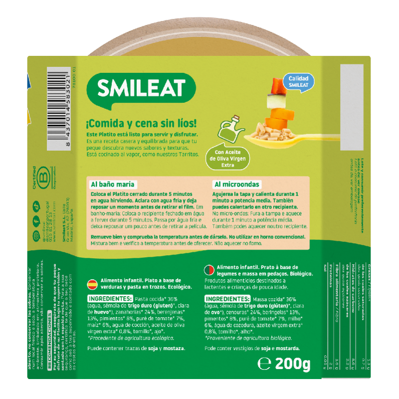 Platito Macarrones con Verduras de la Huerta ECO (a partir de 15 meses) Smileat 200g