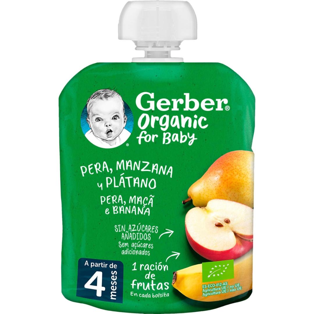 Bolsita puré de fruta ecológica para bebés sabor Pera, Manzana y Plátano Gerber 90 g