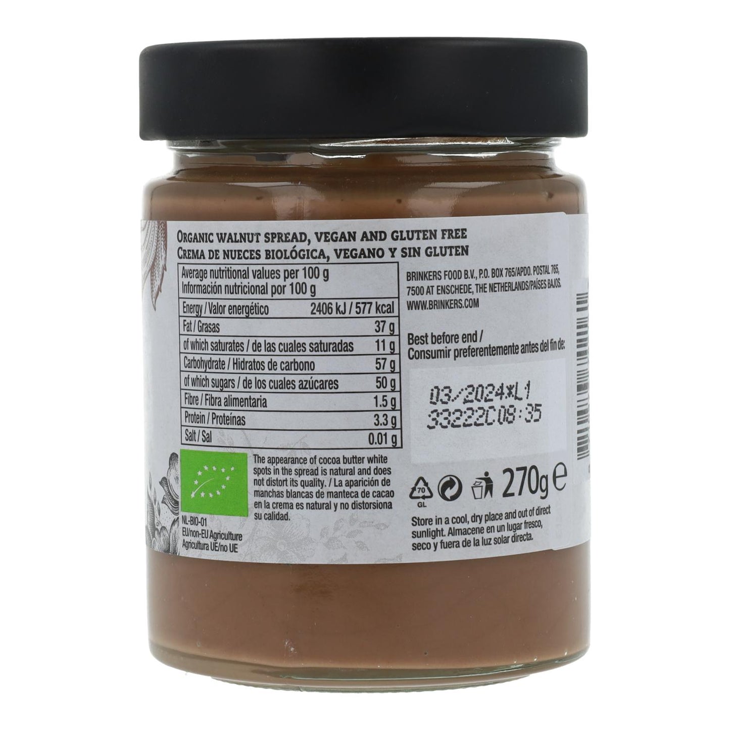 Crema para untar de Chocolate y Nueces BIO Vegana La Vida Vegan 270 gr