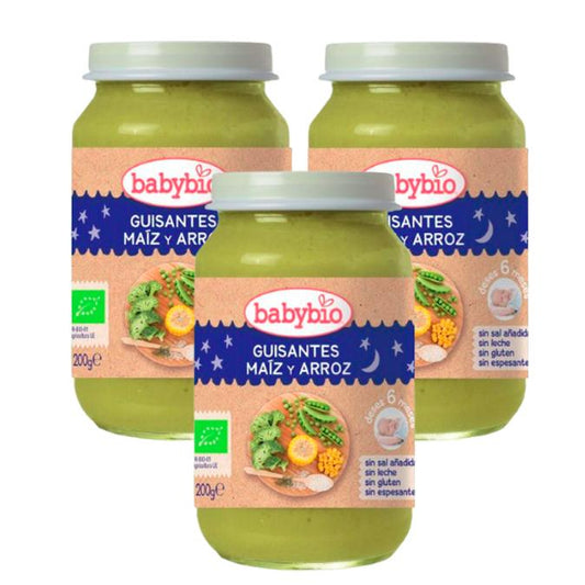 Pack PROMO 3x Tarrito Buenas Noches Guisantes, Maiz y Arroz, 200 g. Babybio