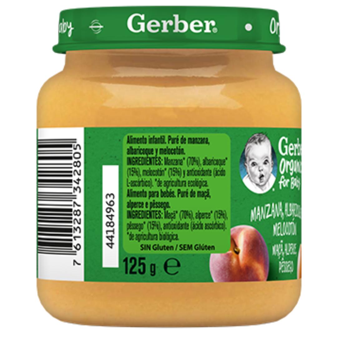 Tarrito de puré de frutas ecológico para bebés de Manzana, Albaricoque y Melocotón Gerber 125 g