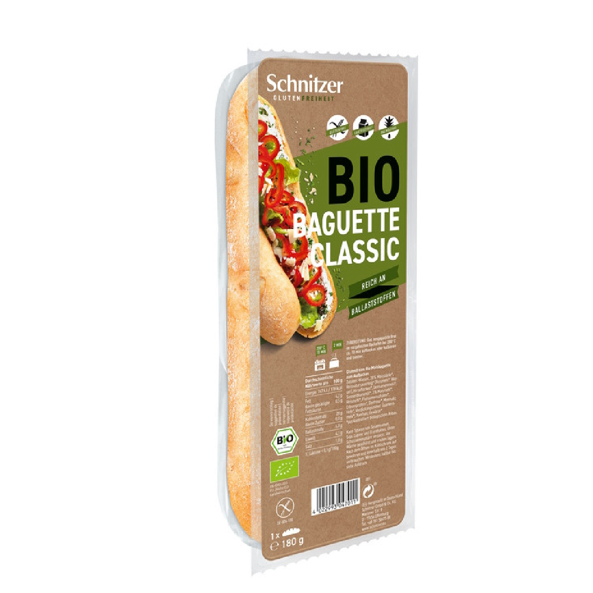 Pan Baguette clásico Ecológico Sin gluten Schnitzer 180 g