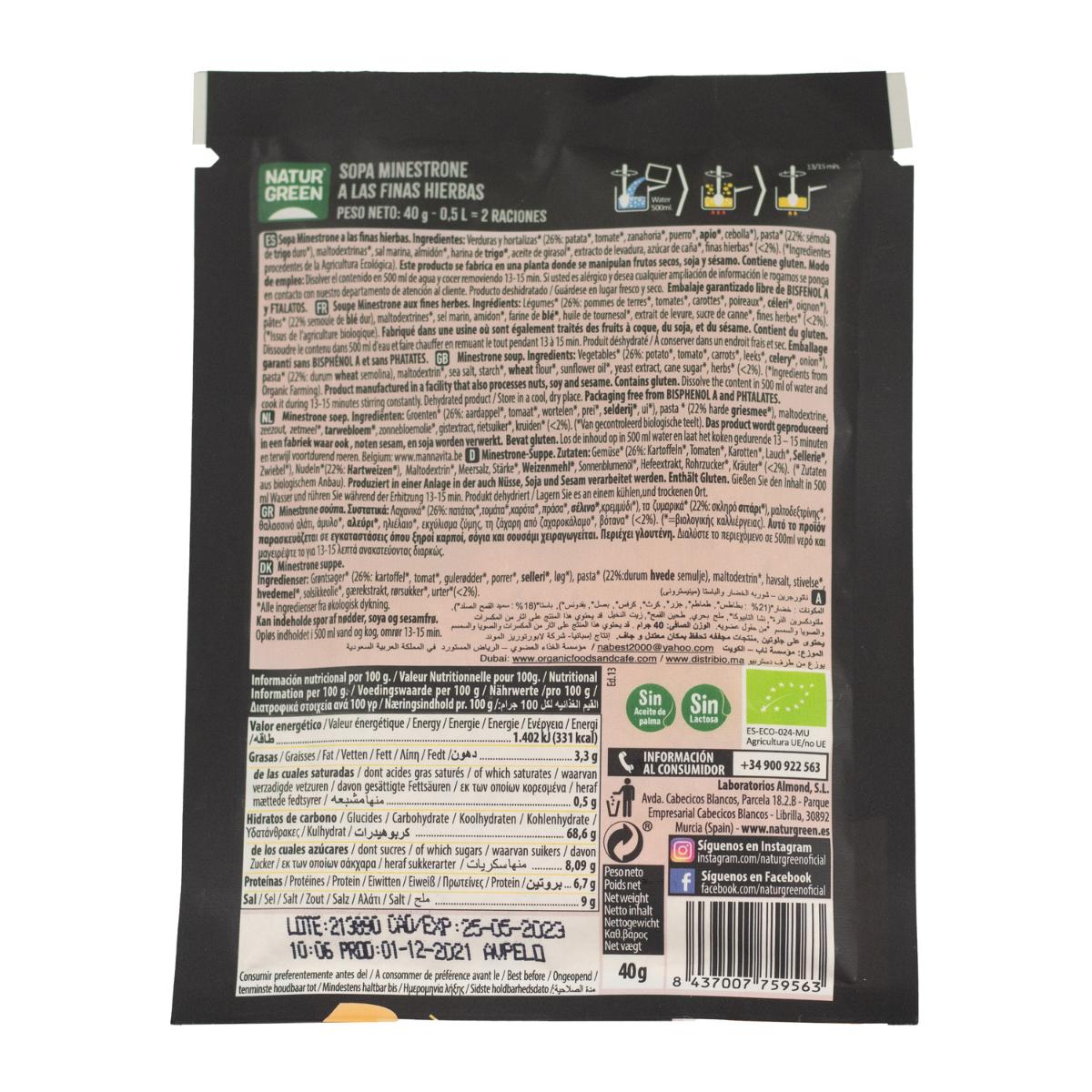 Sopa de Minestrone Finas Hierbas Bio Naturgreen 40g