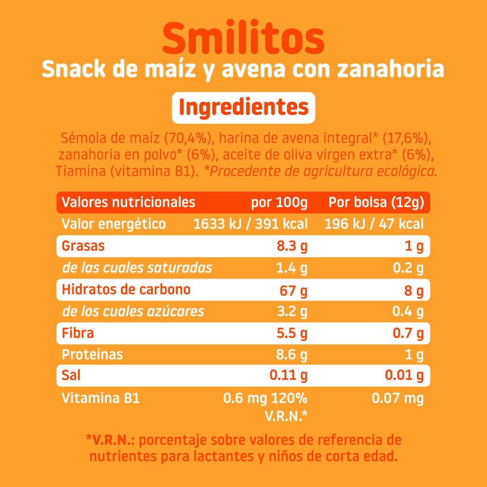 Smilito Maíz, Avena y Zanahoria Multipack ECO Smileat 4 bolsitas de 12g.