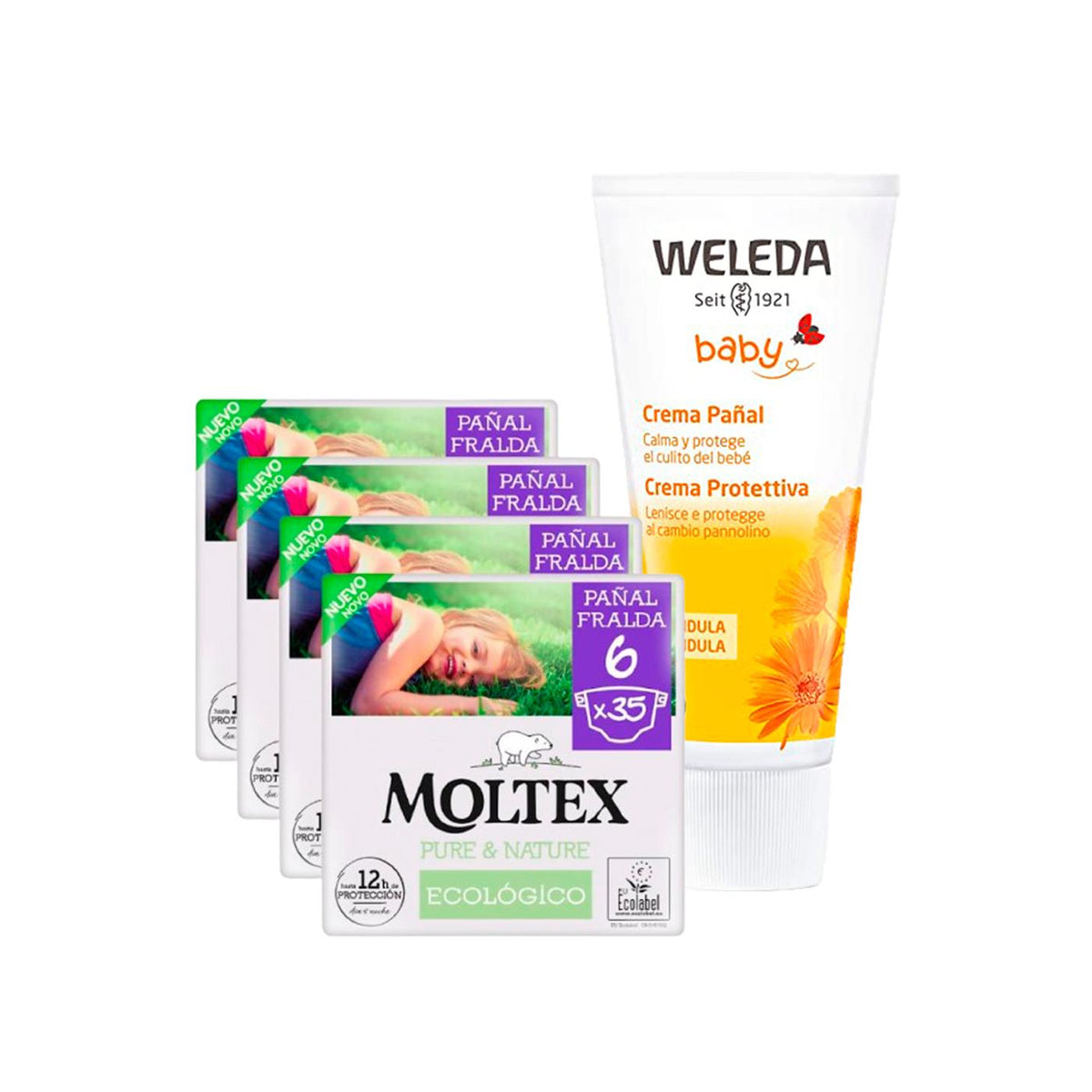 PACK ESPECIAL Crema de Pañal de Caléndula Weleda 75ml + Pack ahorro Pañales Moltex Pure & Nature T6 (17-28 kg) 140 Uds