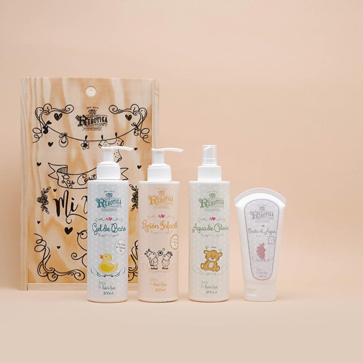 Caja madera regalo infantil: loción infantil, colonia infantil, pasta al agua y gel de baño infantil Mi Rebotica