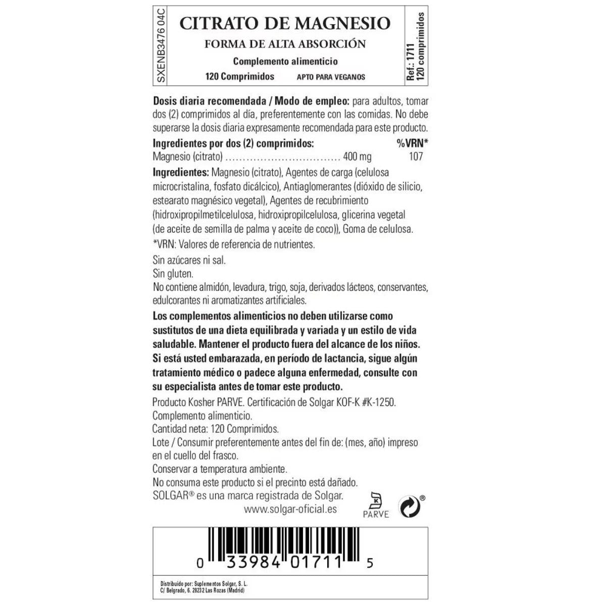 Pack 2 x Citrato de magnesio 120 comprimidos Solgar