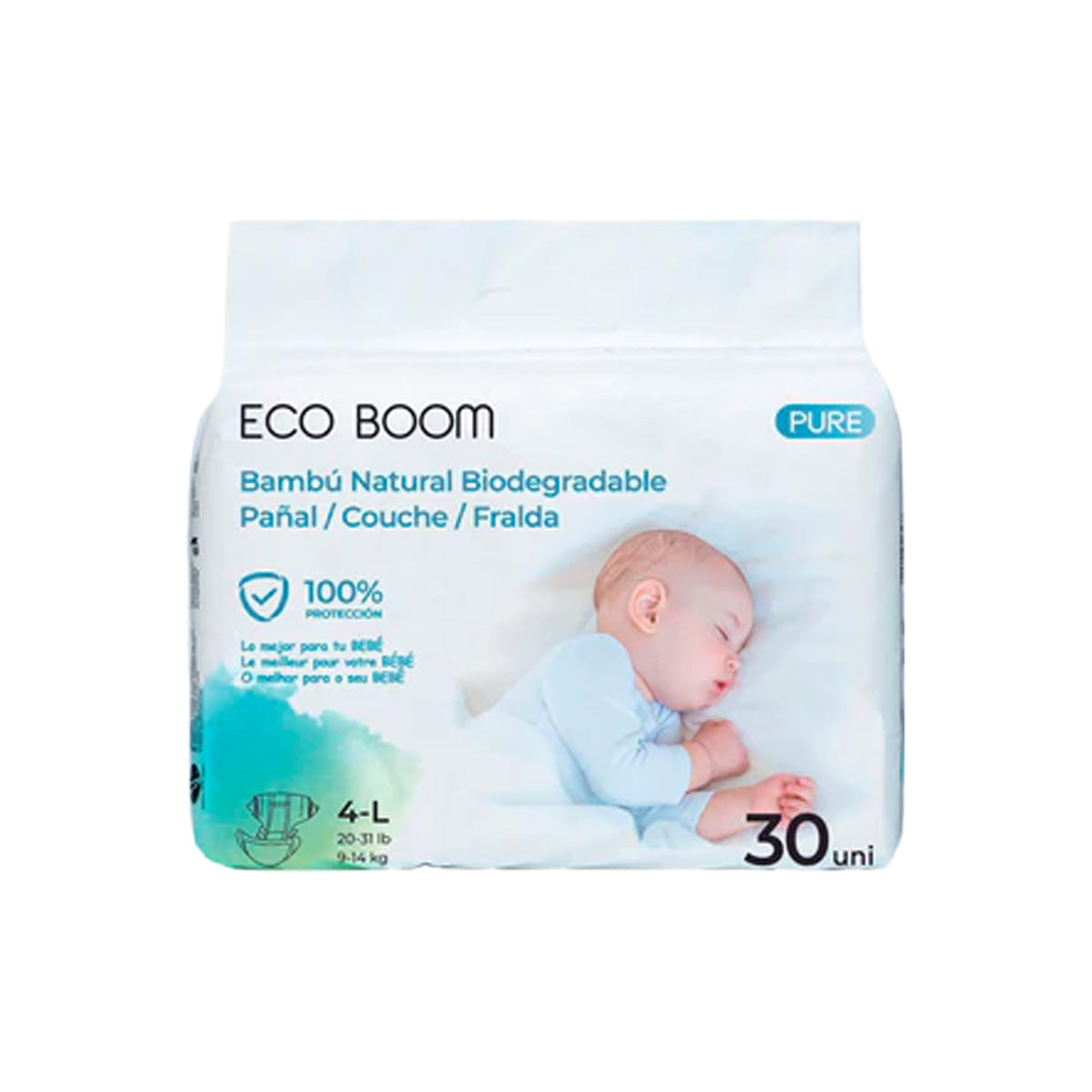 Pañal de Bambú Pure Premium ECO BOOM T4/L (9 a 14 Kg) 30 uds