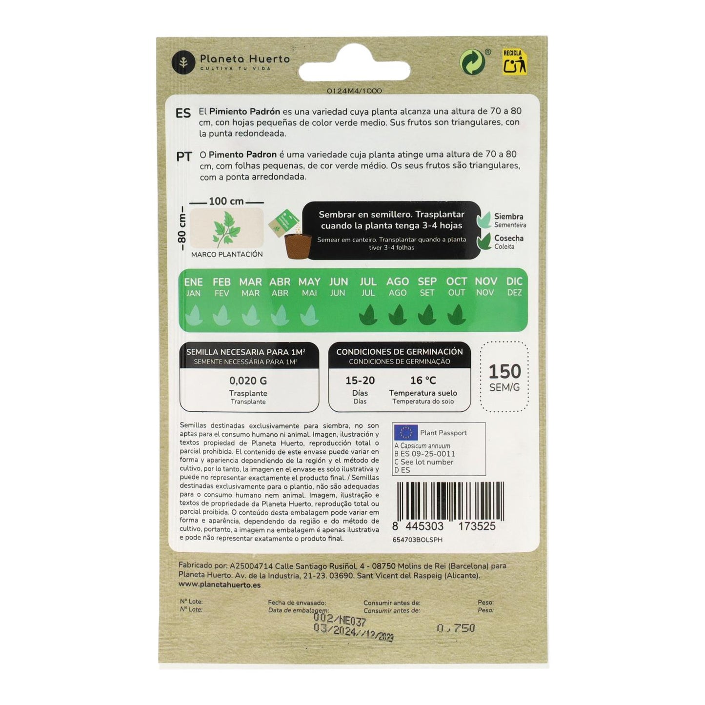 Semillas de Pimiento de Padrón ecológicas Planeta Huerto