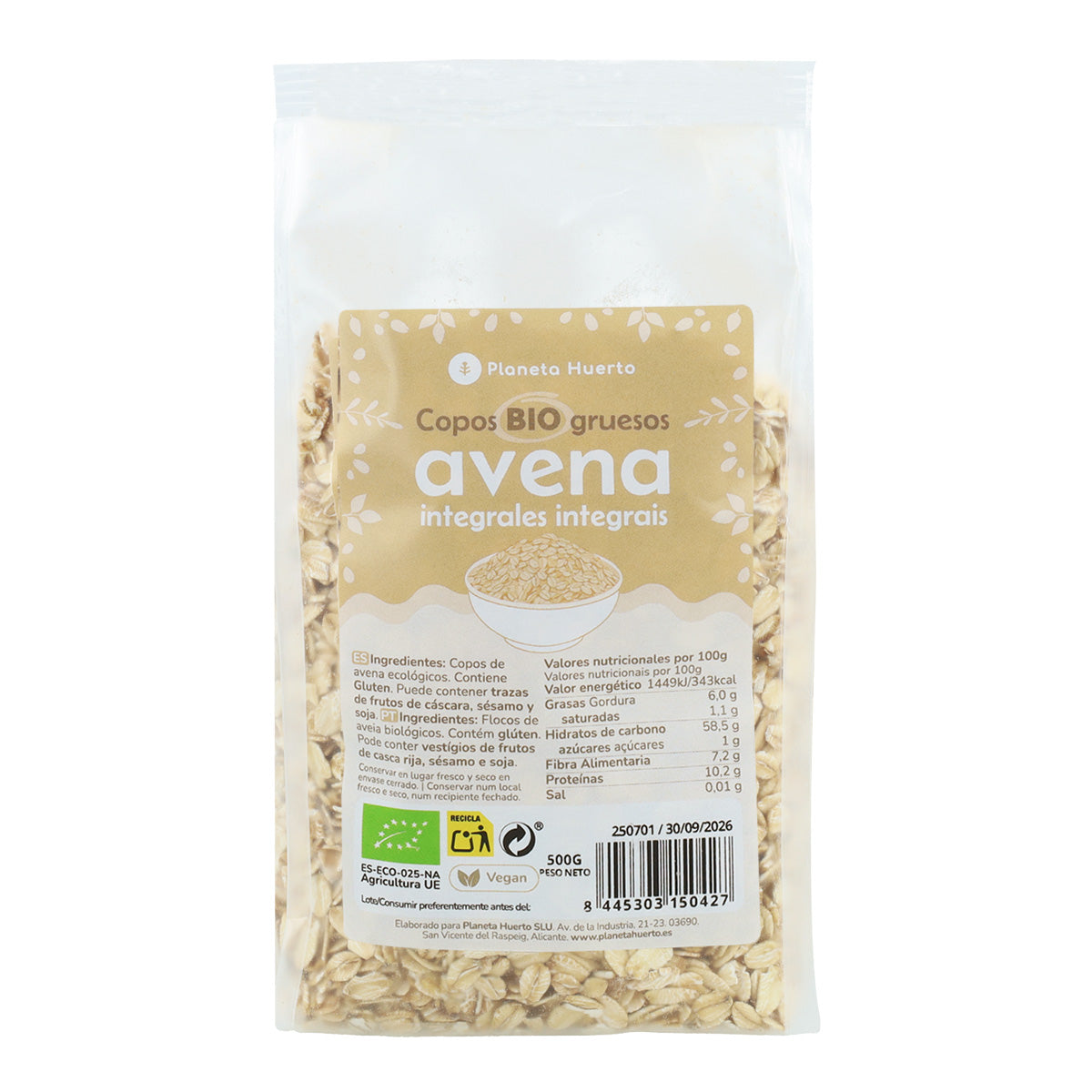 Copos de Avena integrales gruesos ECO Planeta Huerto 500 g