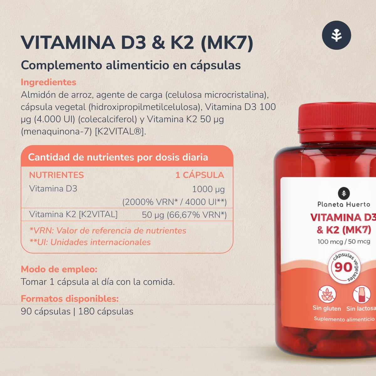 Pack 2xVitamina D3 & K2 Mk7 Planeta Huerto 180 Capsulas