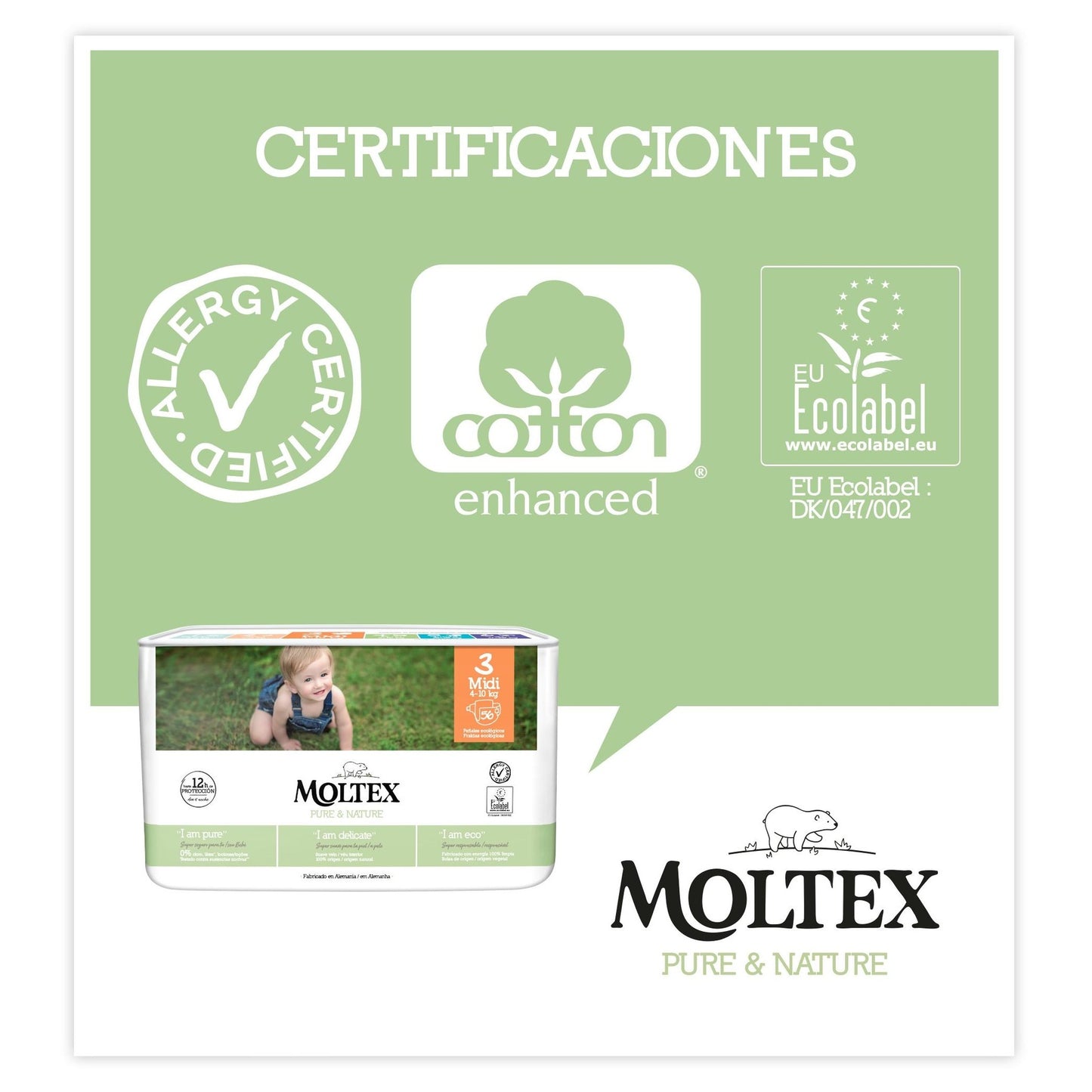 Pañales T3 (4-10 kg)  Moltex Pure & Nature, 56 Uds