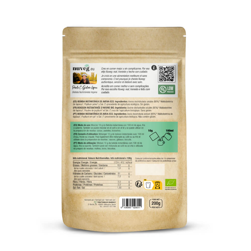 Bebida de avena ECO en polvo Nuveg 200 g para 2,5 litros