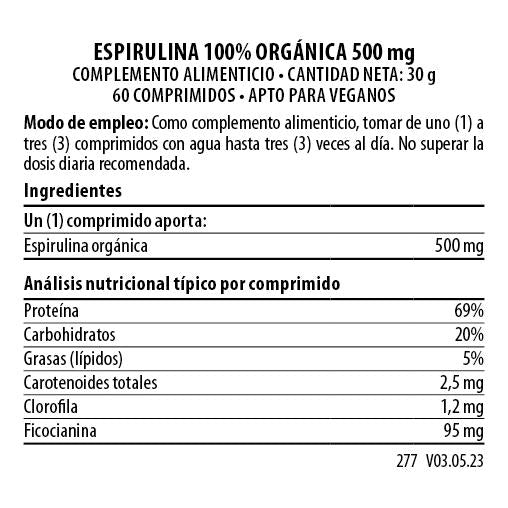 100% Espirulina Orgánica 500 mg 60 cápsulas