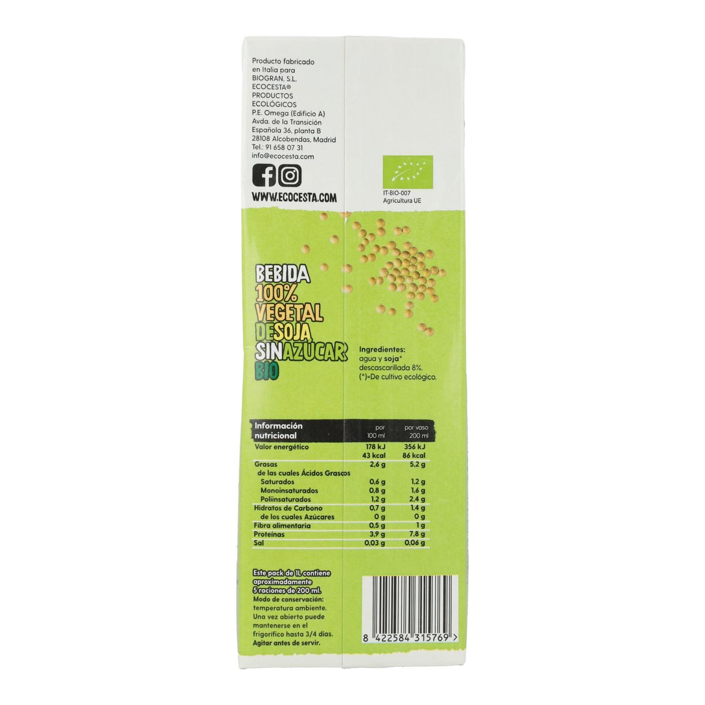 Bebida Vegetal Proteína de Soja 0% Azúcar Bio 1L Ecocesta