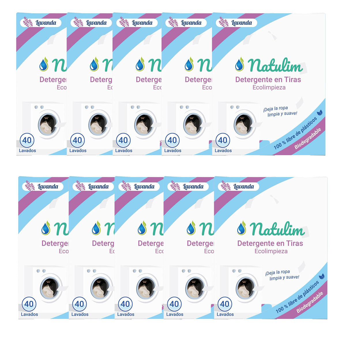 Pack 10x Eco Tiras de Lavar lavanda, Natulim, 40 lavados