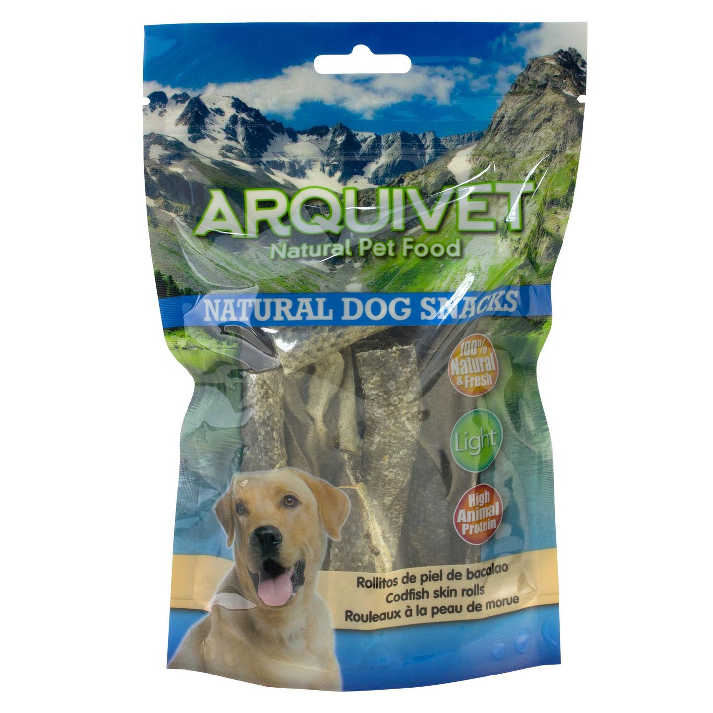 Snack natural para perros Rollitos de piel de bacalao Arquivet 70 g
