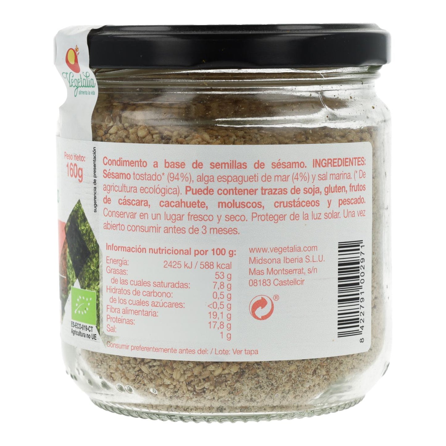 Gomasio con Algas en bote de cristal Vegetalia 160 g