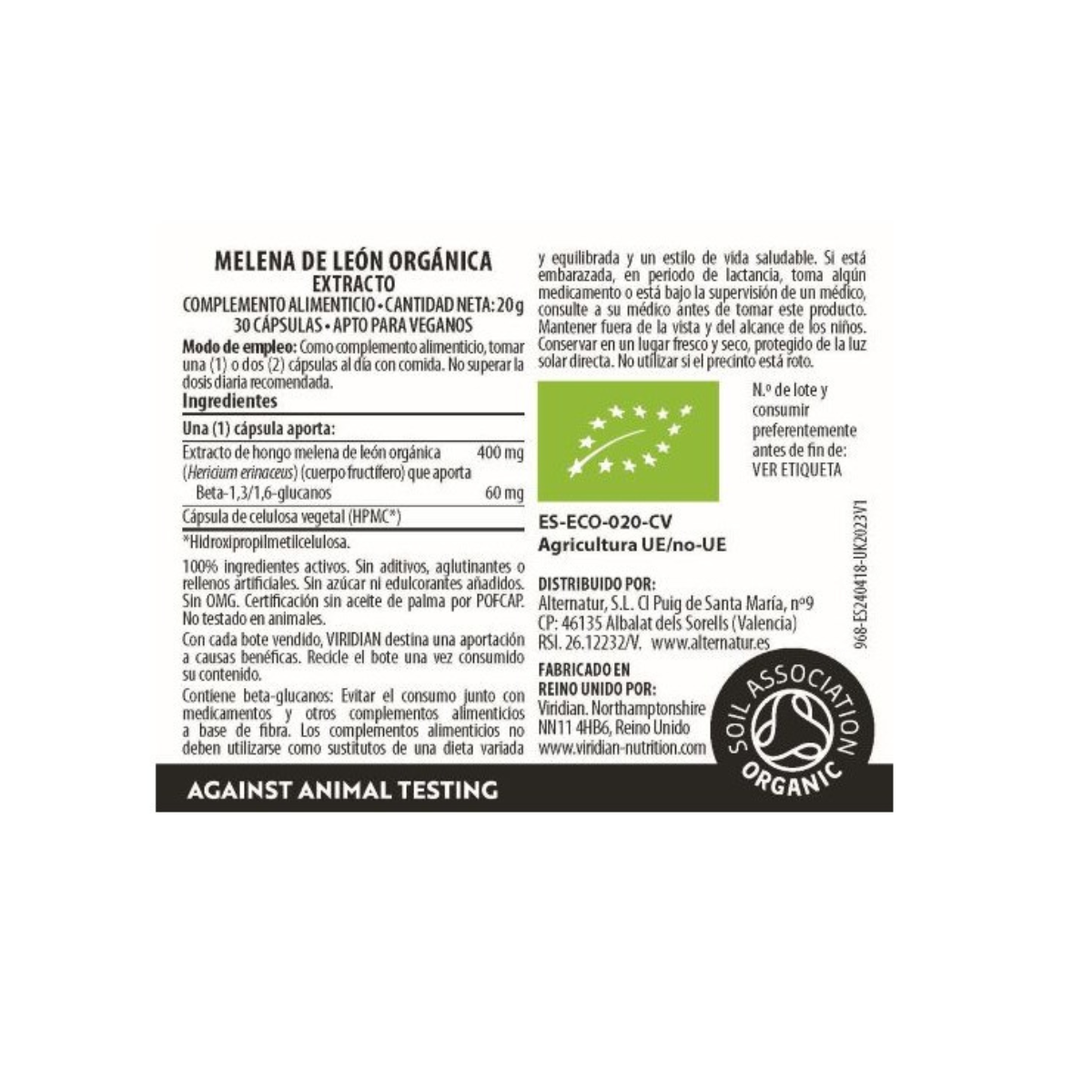 Melena de león extracto orgánica Viridian 30 cápsulas