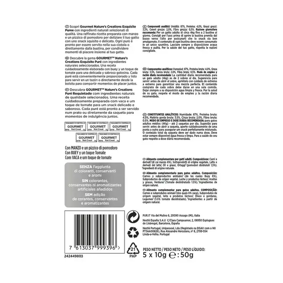 GOURMET Nature's Creations Exquisito Puré Snack Liquido con Salmón y Zanahoria 5x10g