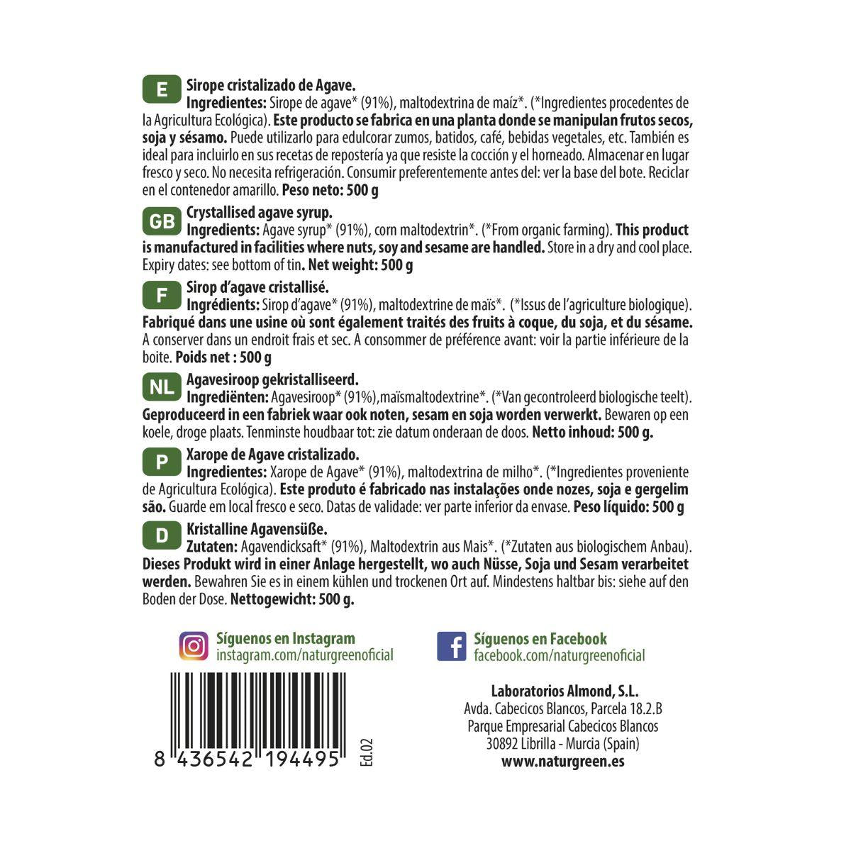 Sirope Cristalizado De Agave Bio 500 G Naturgreen