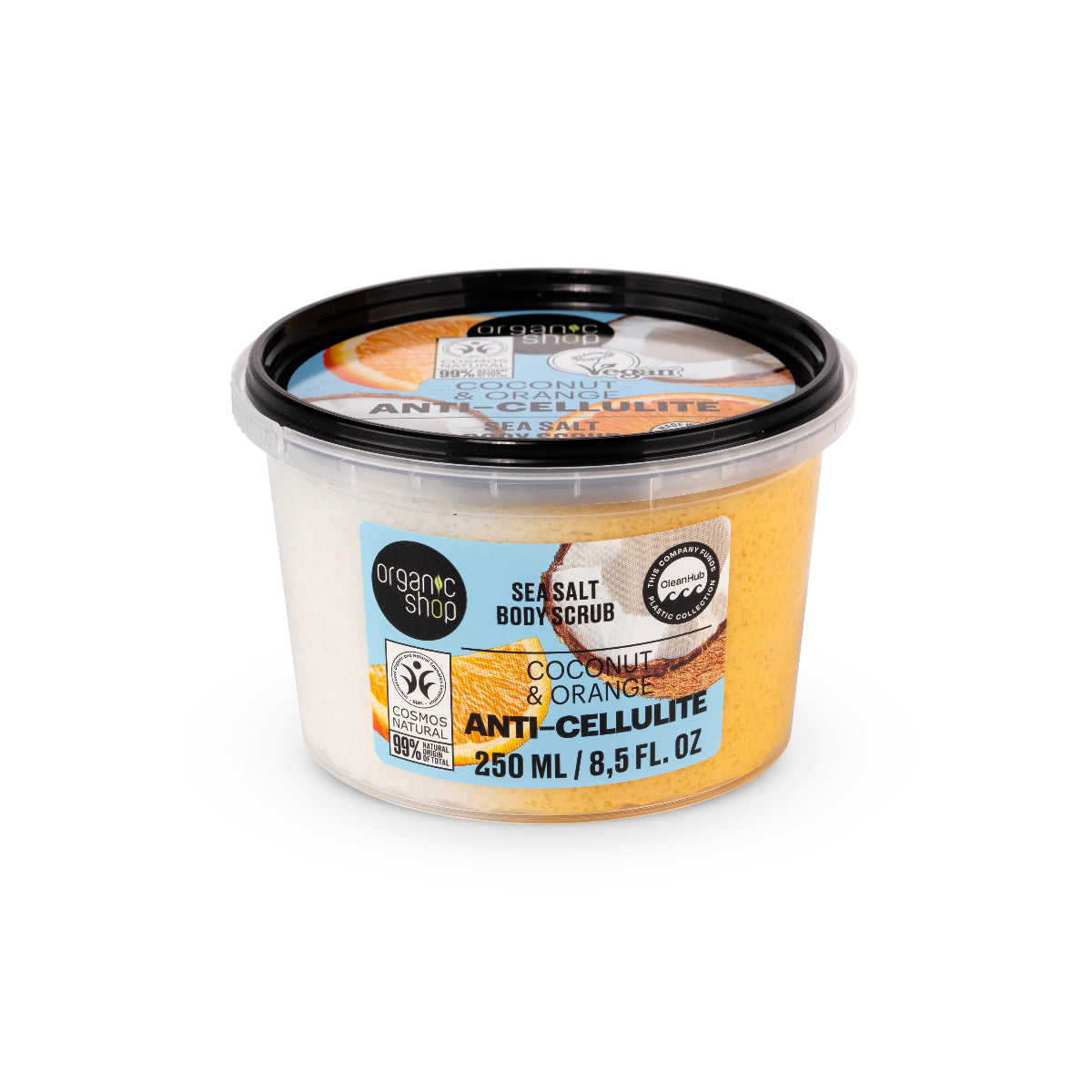 Exfoliante corporal anticelulítico de naranja y coco a base de sal marina Organic Shop 250 ml