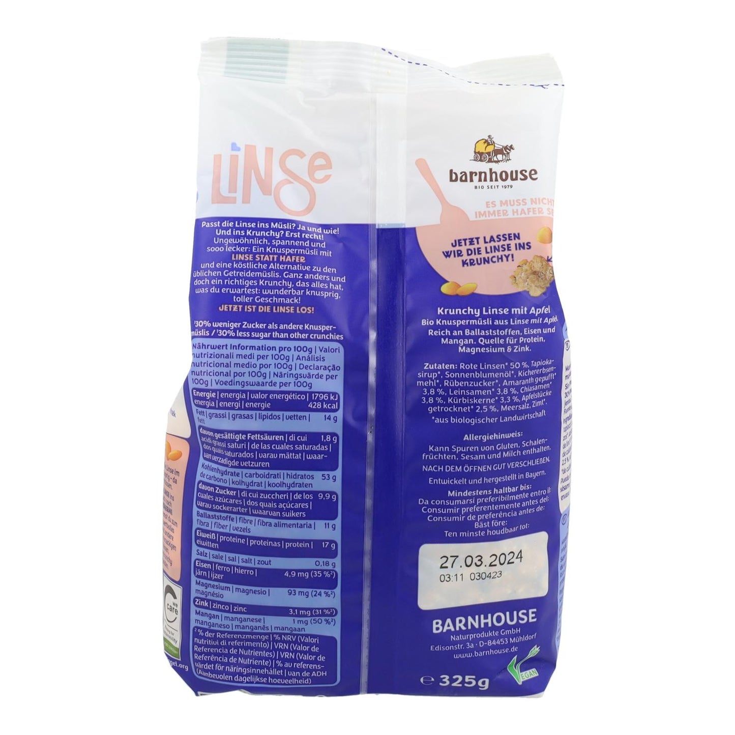Muesli Krunchy Proteíco con Lentejas y Manzana Bio Barnhouse 325 gr