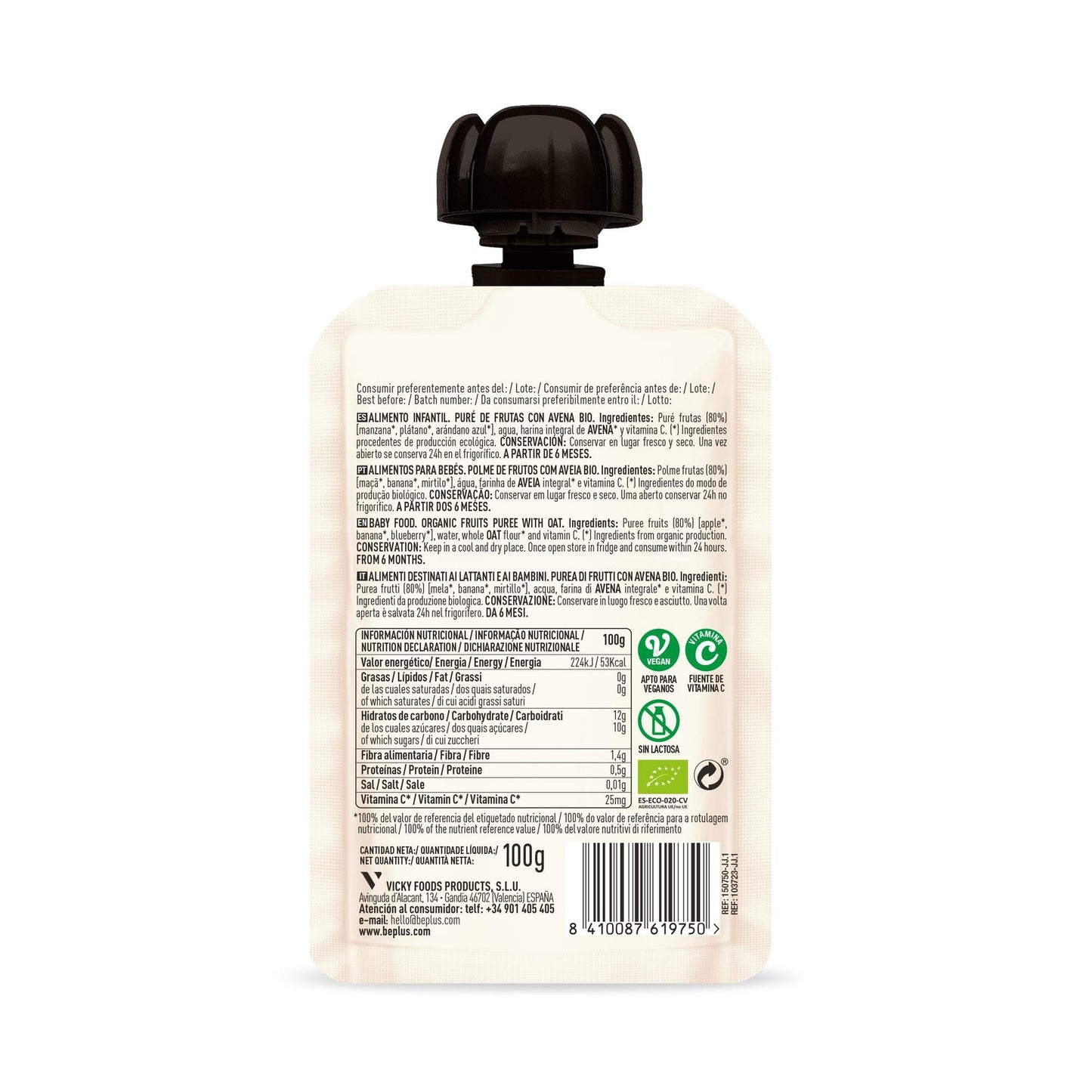 Pouch manzana, plátano, arándanos y avena BIO Be Plus 100 g