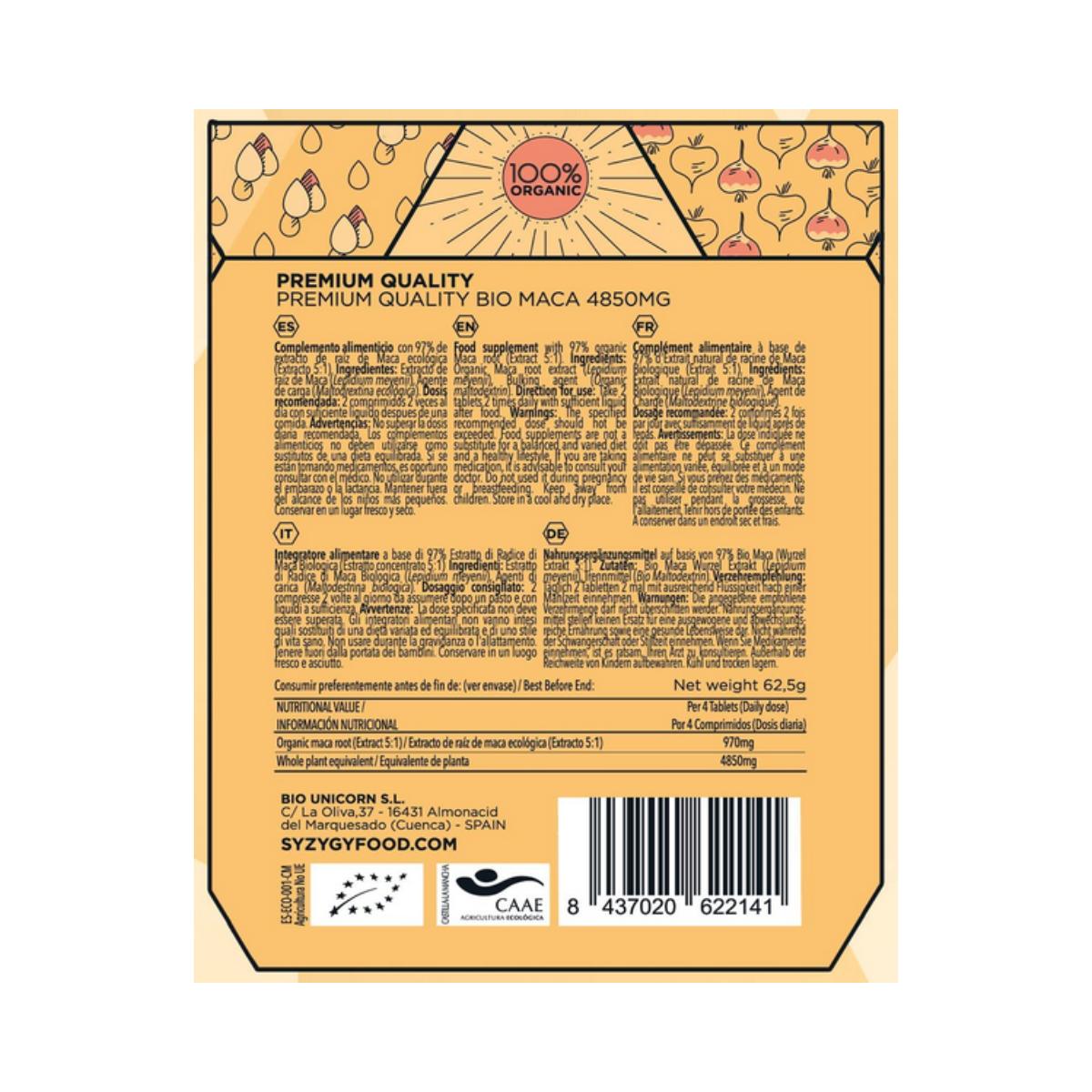 Extracto de Pura Maca Andina Ecológica, 250 comprimidos. SYZYGY FOOD