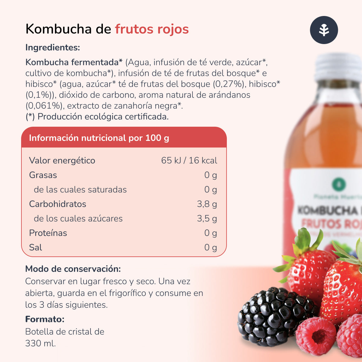 Pack 6x Kombucha ECO Frutos rojos Planeta Huerto 330 ml
