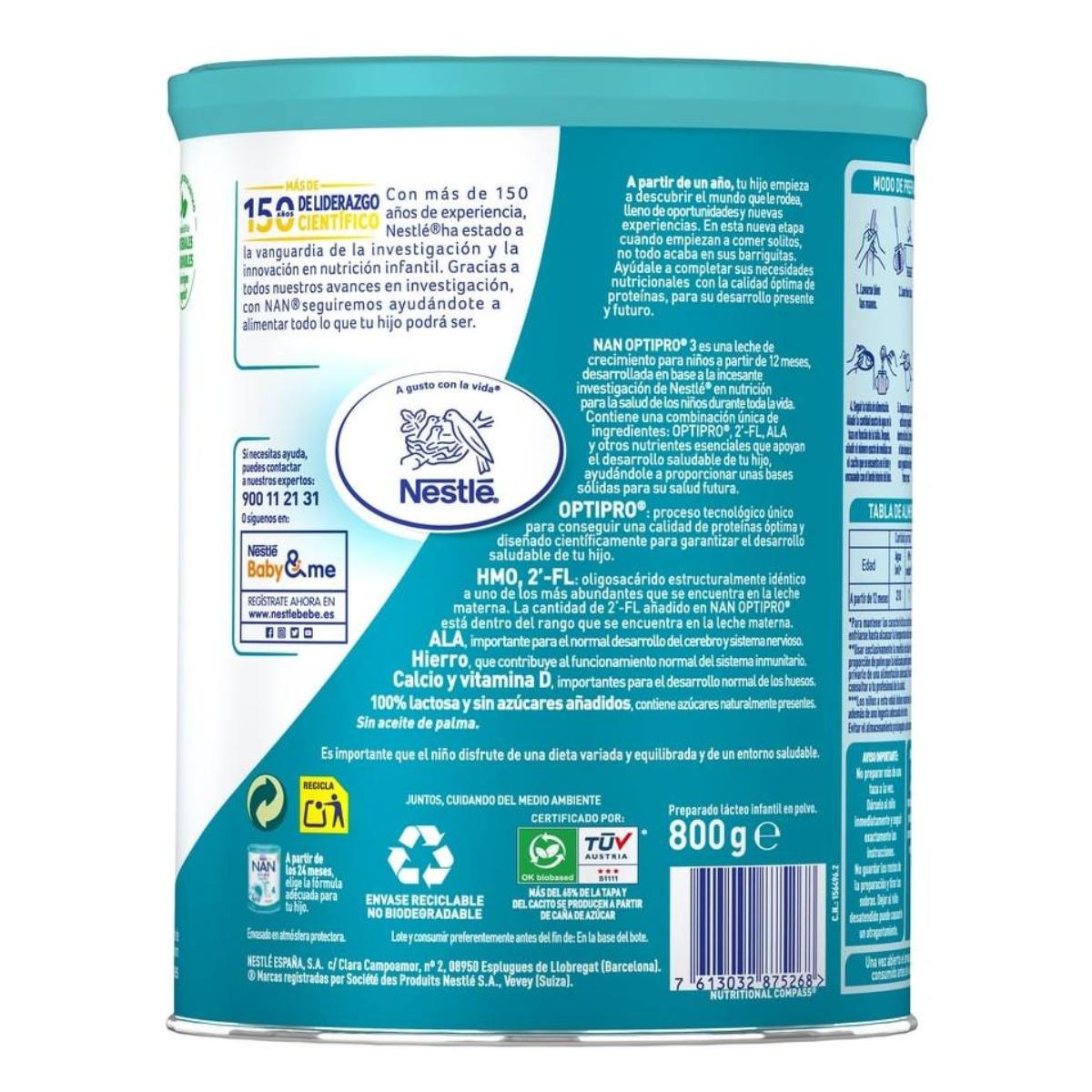 Nan Optipro 3 Leche de crecimiento a partir de 1 año Nestlé 800 g