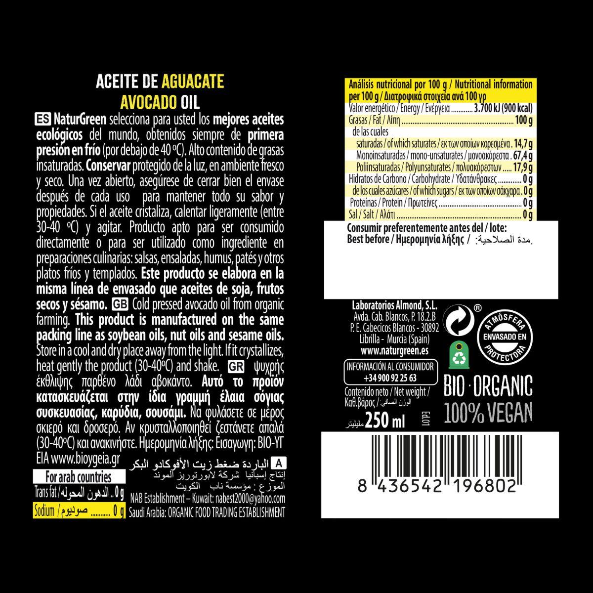 Aceite de Aguacate Bio NaturGreen 250 ml