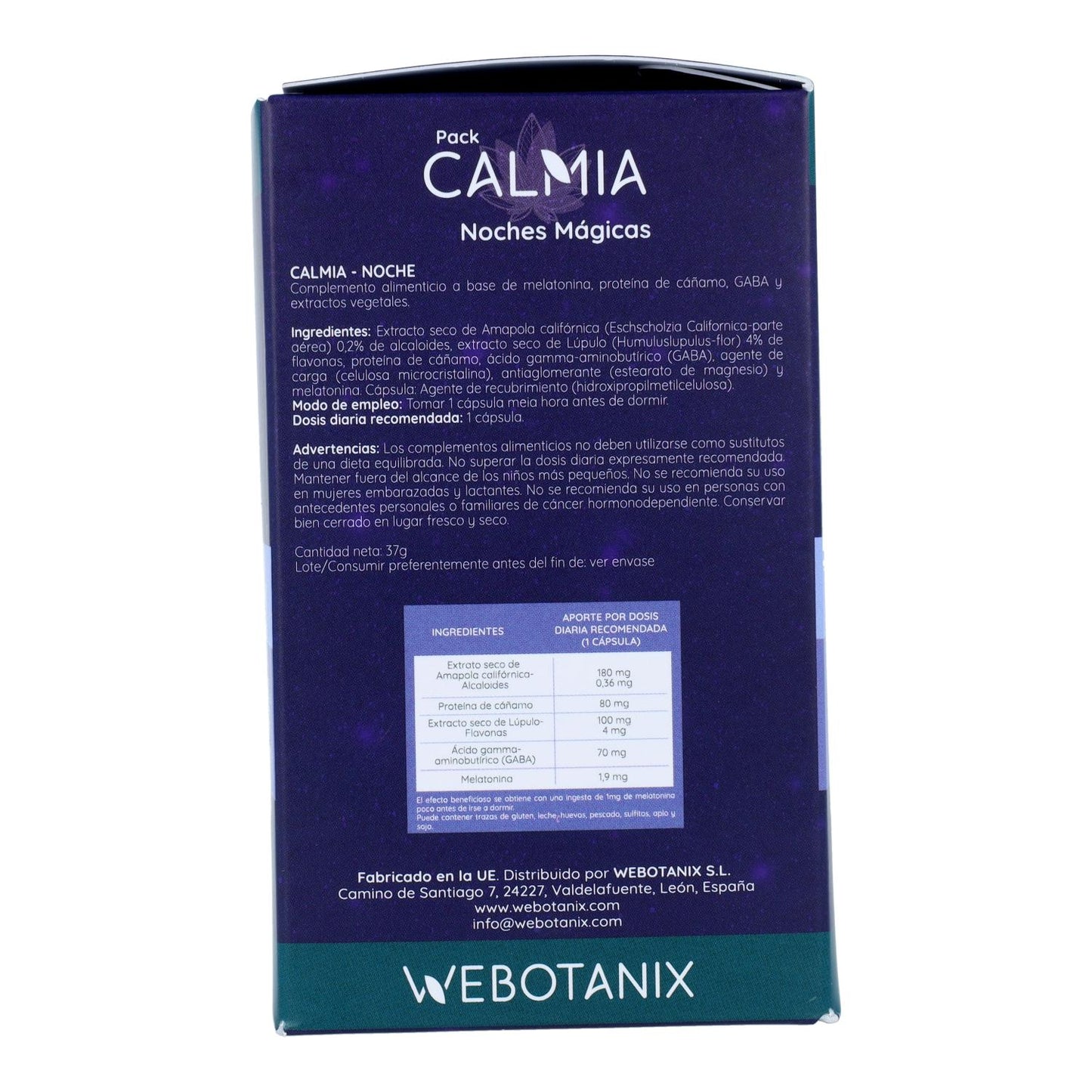 Pack 2 Calmia Noche Cannabis Melatonina 120 cápsulas + antifaz Webotanix