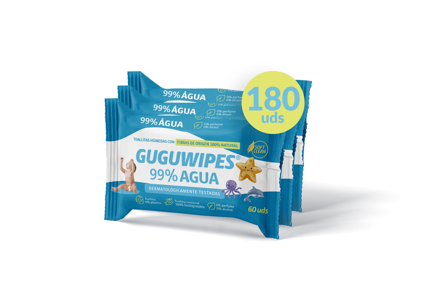 Guguwipes toallitas para bebé 99% agua, sin plástico, pack 3x60uds.