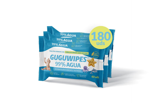Guguwipes toallitas para bebé 99% agua, sin plástico, pack 3x60uds.