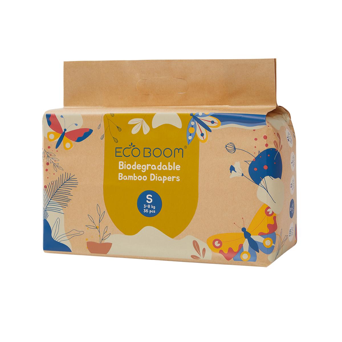 ECOBOOM - Pañal Ecológico de BAMBÚ Eco Boom. 70% Biodegradable, Hipoalergénico (TALLA 2/S, 3-8 KG, PACK 4 BOLSAS, TOTAL 144 PAÑALES)