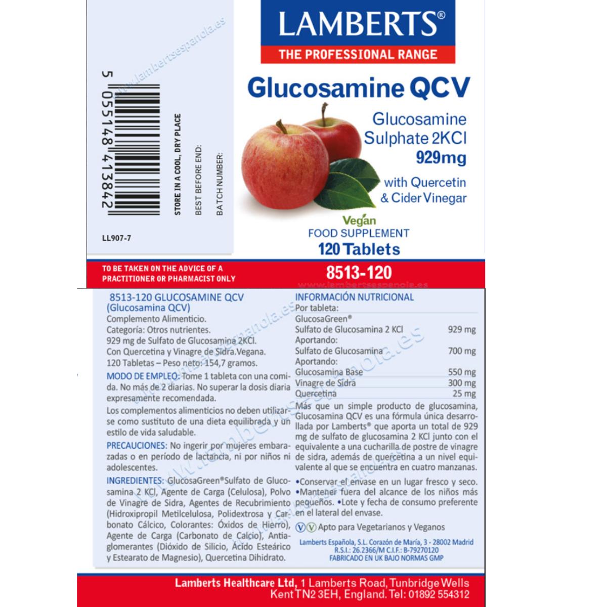 Glucosamina QCV 929 mg de sulfato de glucosamina 2KCI Lamberts 120 tabletas
