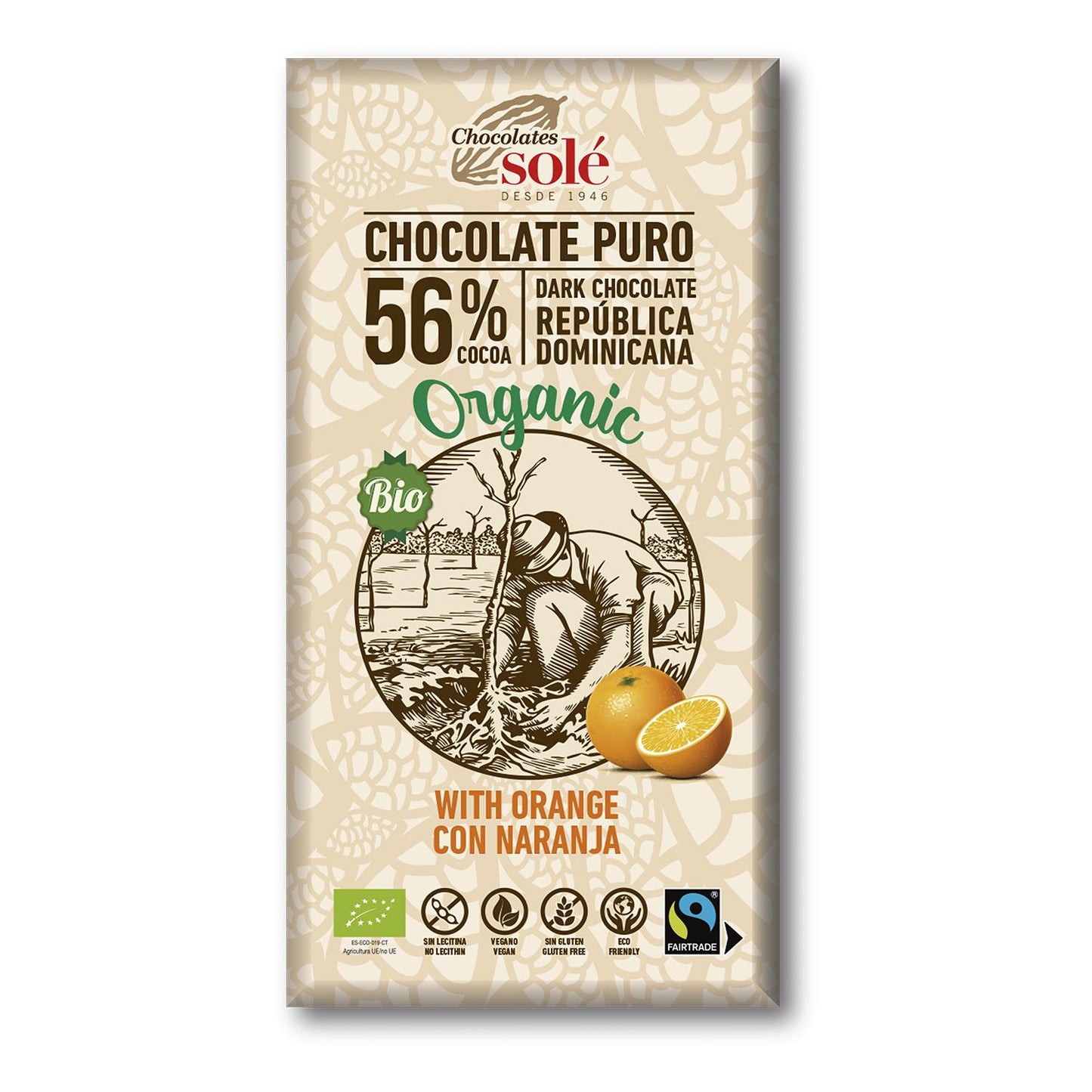 Chocolate Negro con Naranja 56% Cacao ECO Chocolates Solé 100g