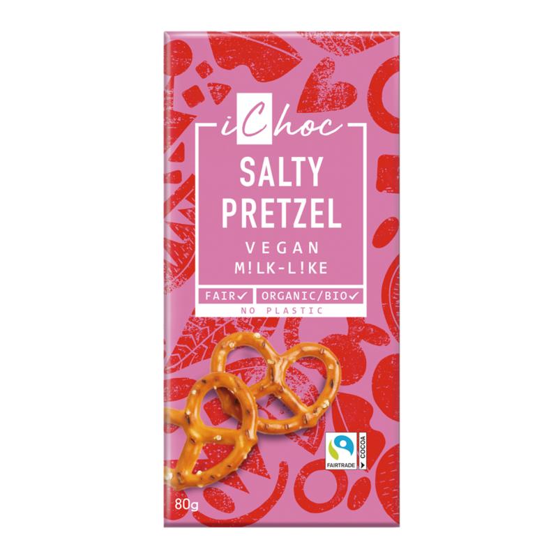 Tableta de Chocolate Vegano con Trozos de Pretzel Bio Fairtrade iChoc 80 g