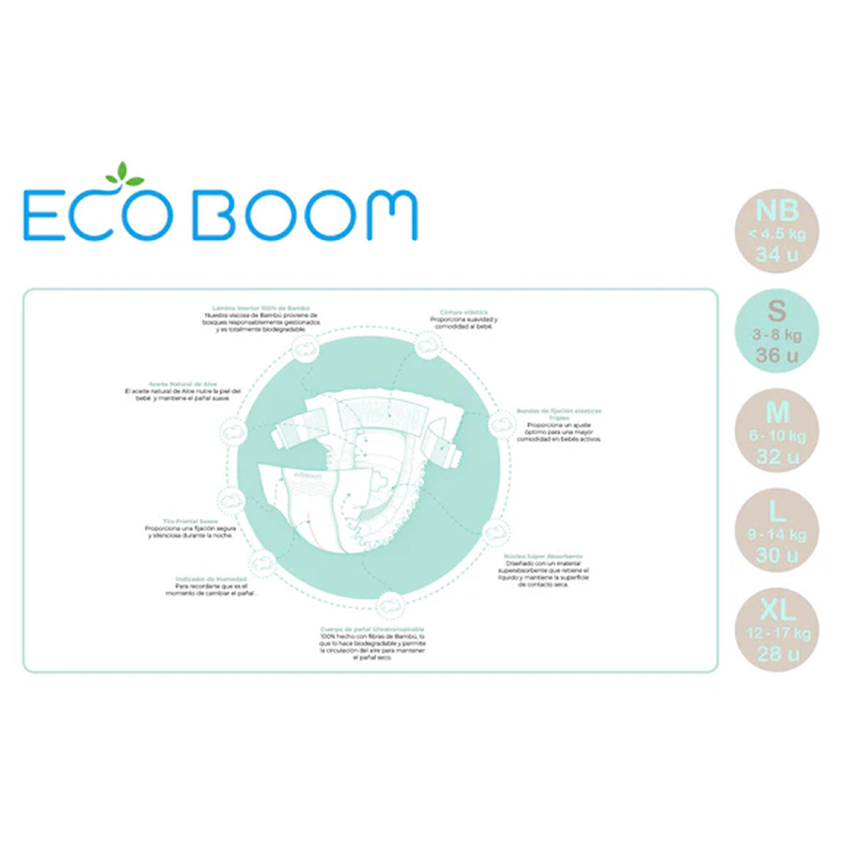 Pañal de Bambú Pure Premium ECO BOOM T2/S (3 a 8 Kg) 36 uds