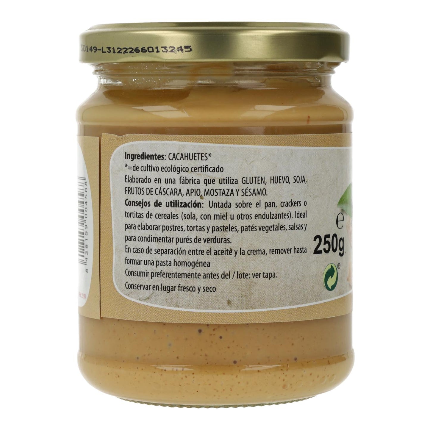 Crema de Cacahuetes ECO sin sal, 250 g. Natursoy