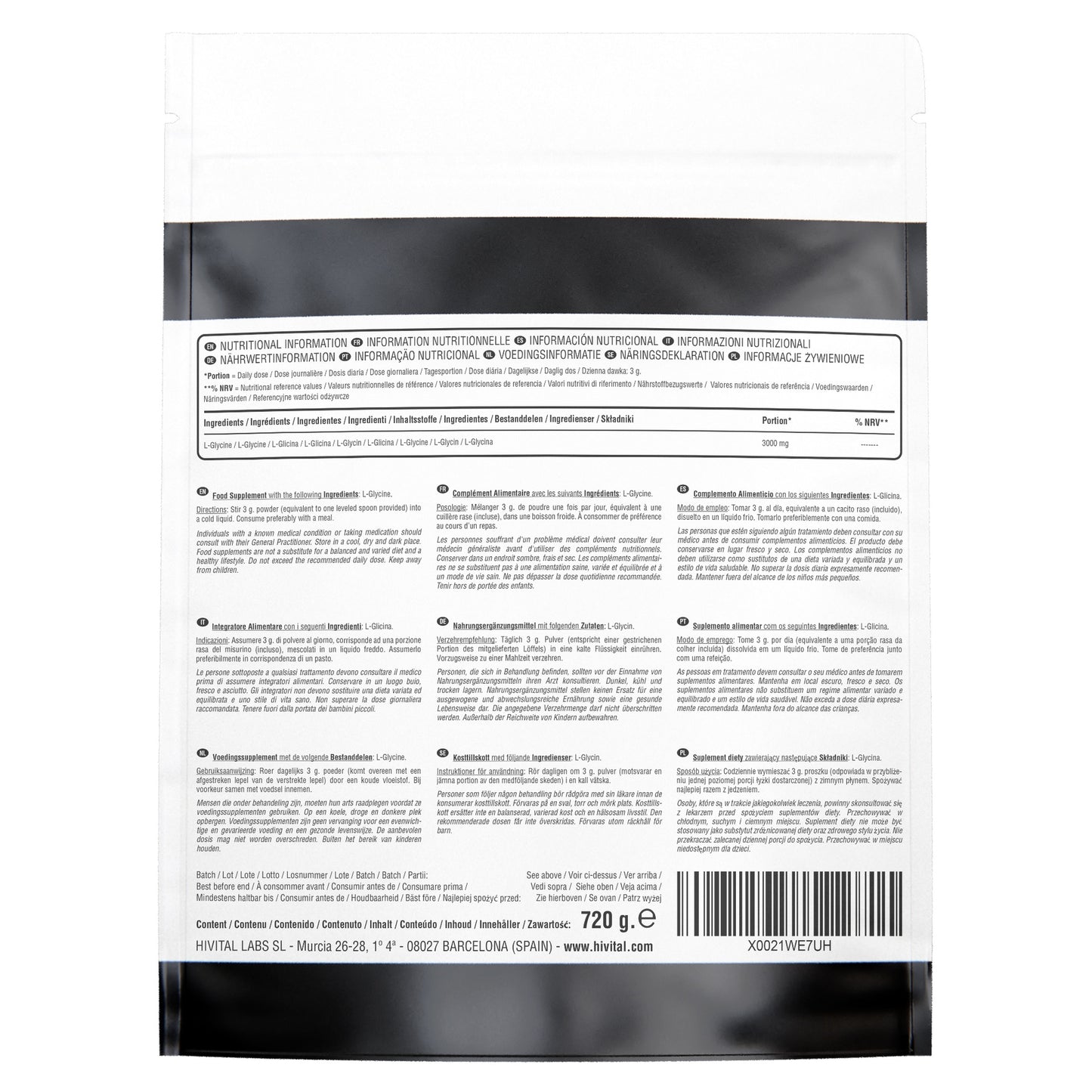 L-Glicina 3000 mg Hivital 720 gramos de polvo vegano