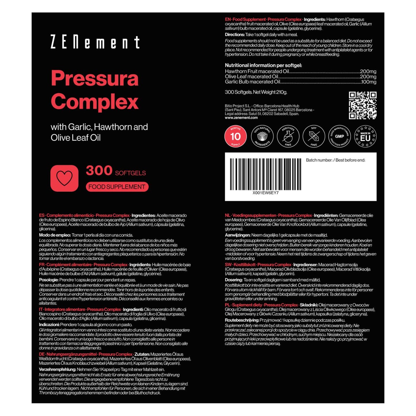 Pressura Complex, con aceite de ajo, espino blanco y hojas de olivo Zenement,  300 comprimidos