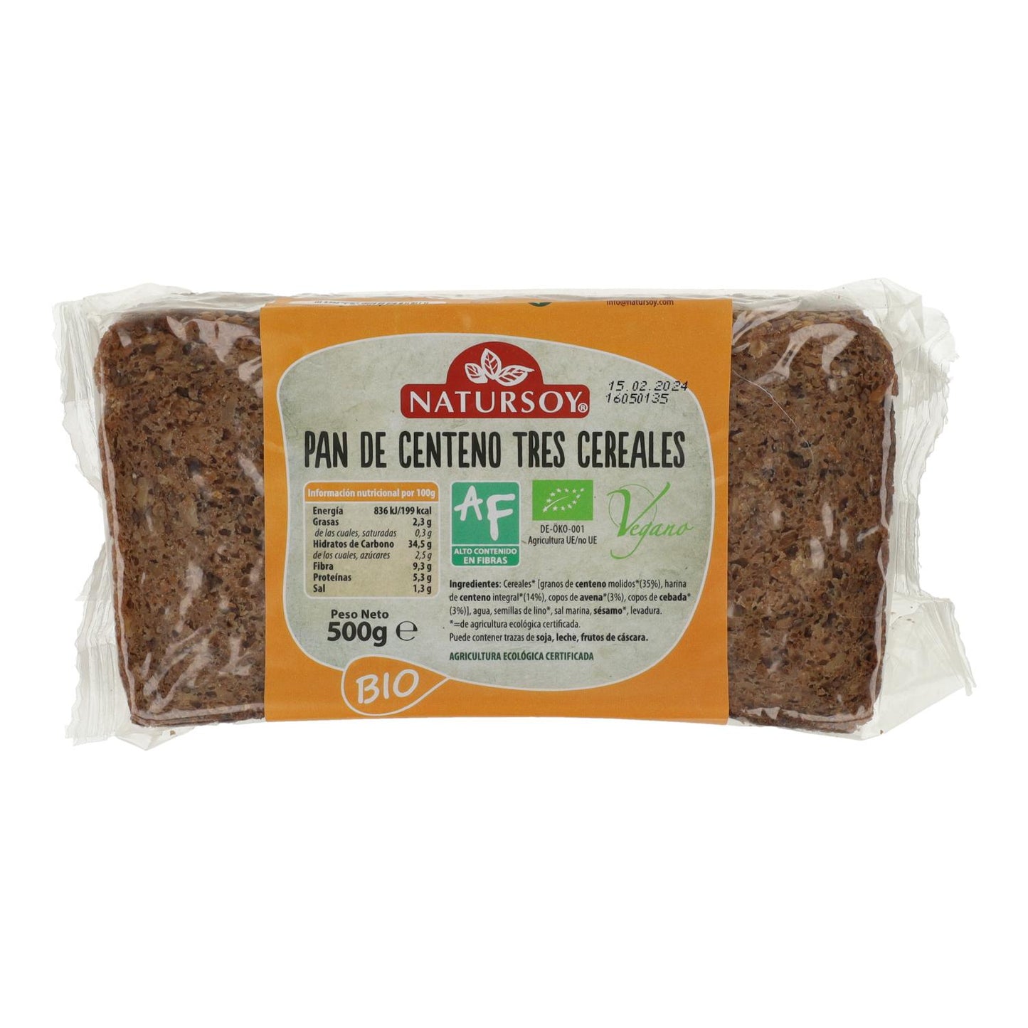 Pan centeno 3 cereales ECO, 500 g. Natursoy