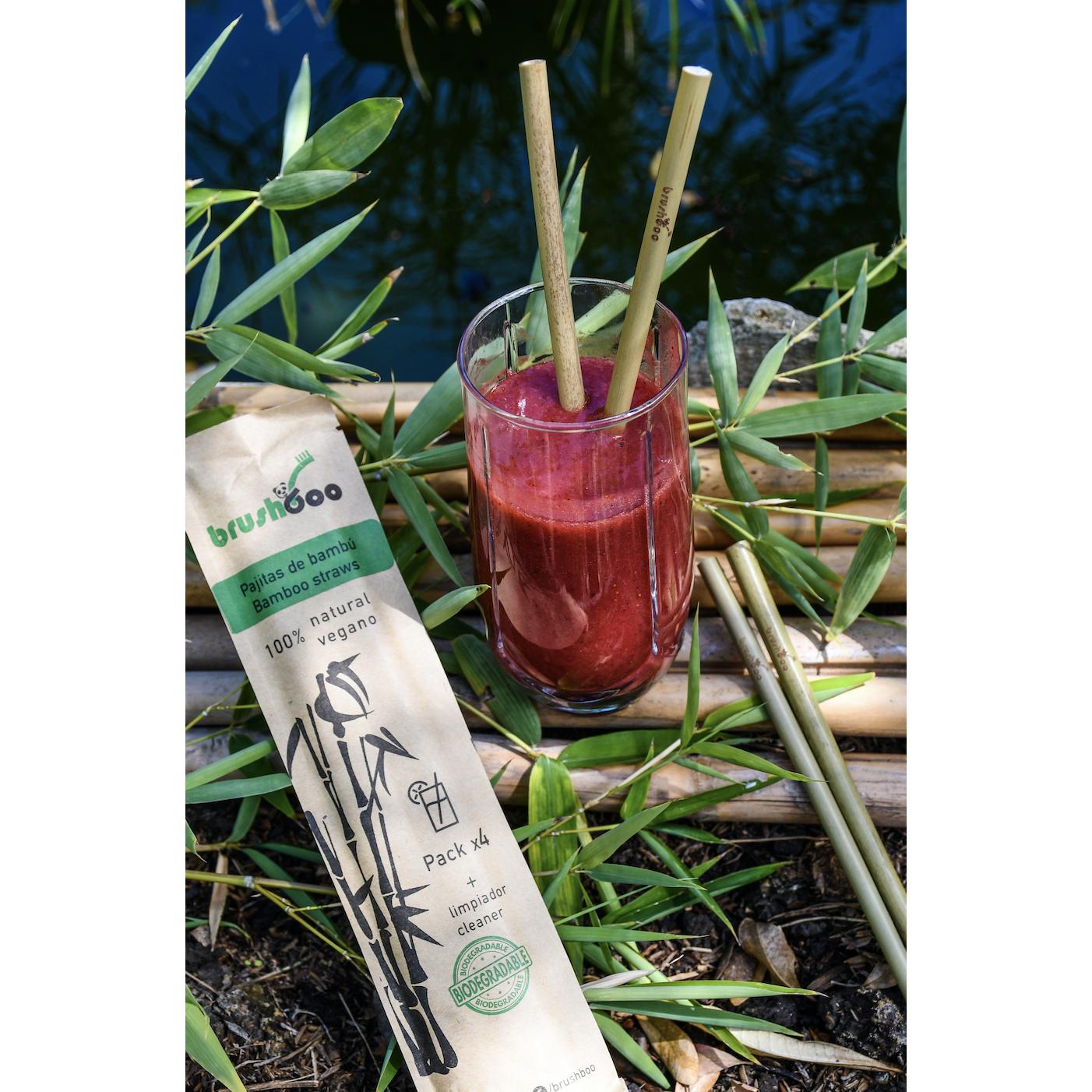 Pack 4 pajitas de bambú y limpiador Brushboo