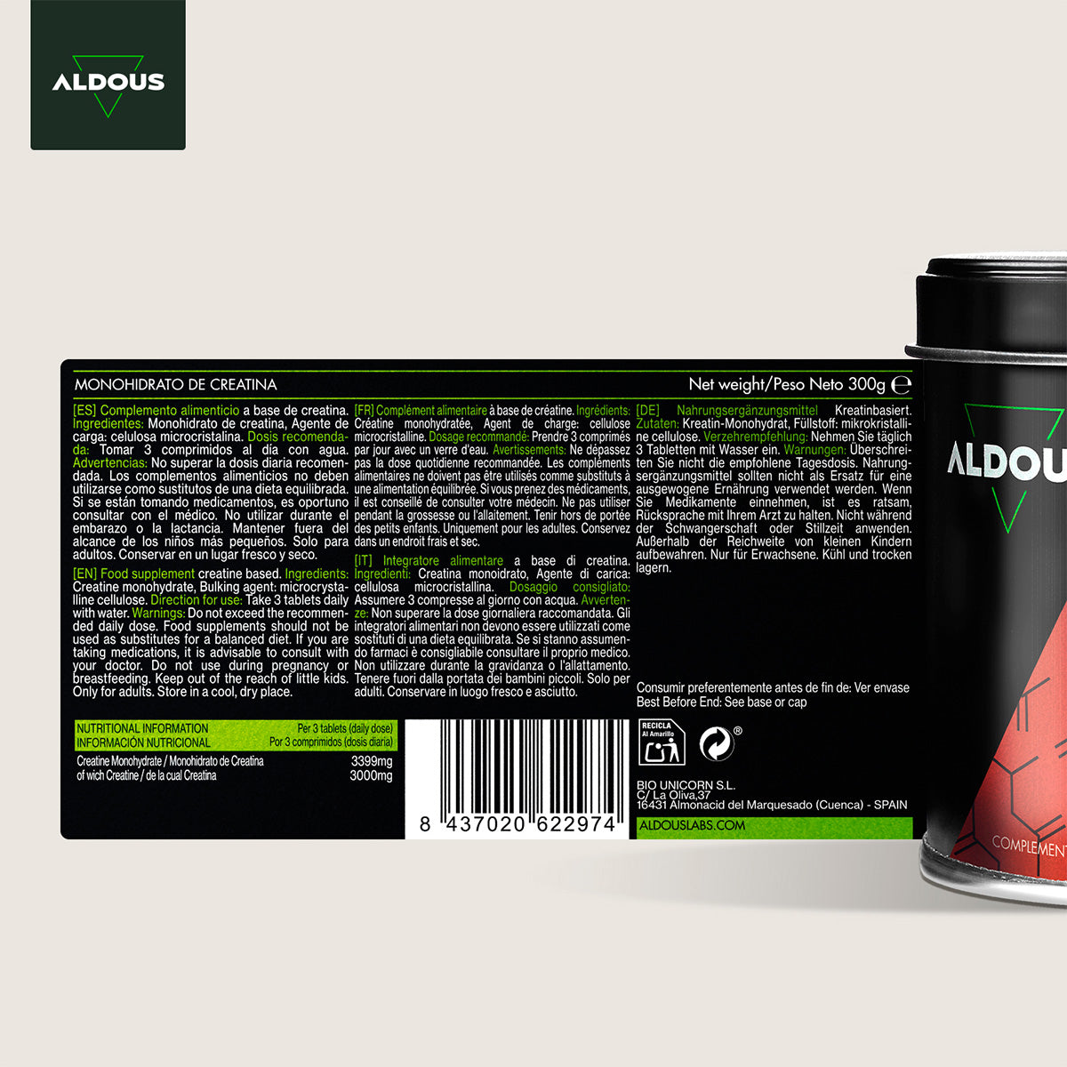 Creatina Monohidratada Aldous 3000 mg 200 comprimidos