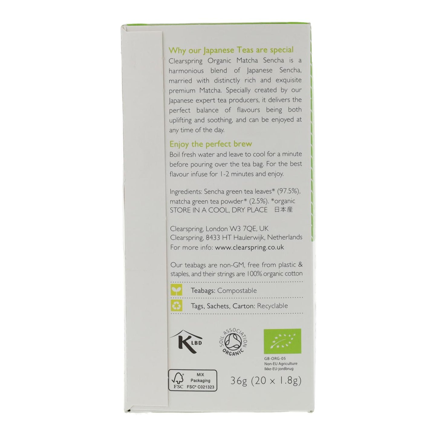 Té verde Matcha ECO Clearspring, 20 bolsitas