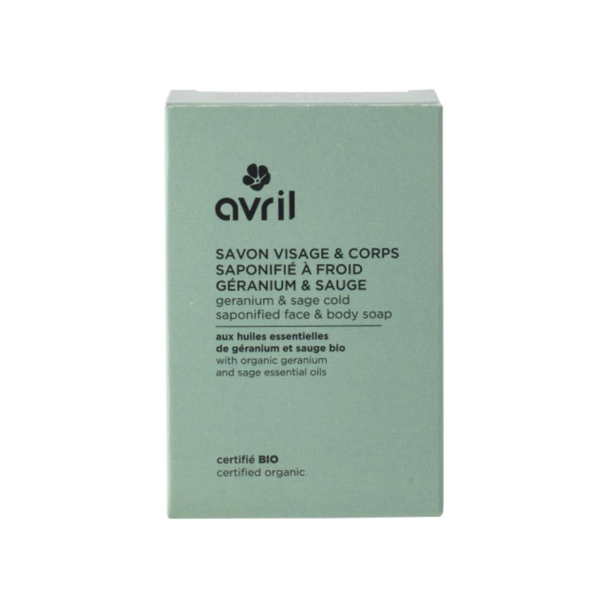 Jabón para rostro y cuerpo proceso en frío  geranio y salvia Avril 100g
