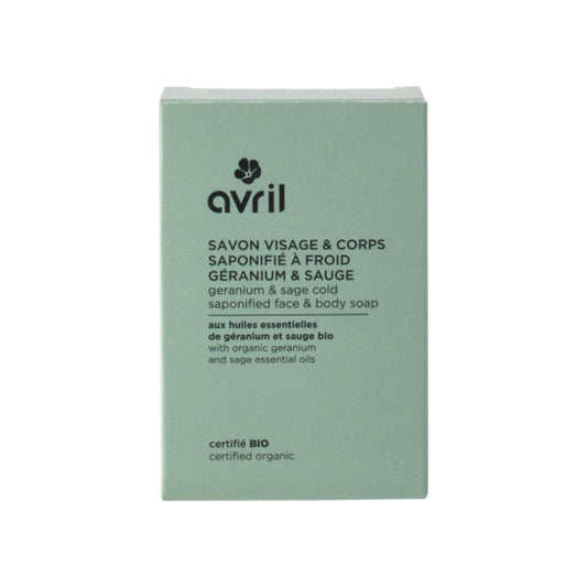 Jabón para rostro y cuerpo proceso en frío  geranio y salvia Avril 100g